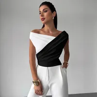 Slim-Fit Assorted Colors Shoulder Ruffle Detail Commuter Top Women's Elegant Style Short Sleeveless T-shirt Solid Color main image 1