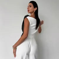 Slim-Fit Assorted Colors Shoulder Ruffle Detail Commuter Top Women's Elegant Style Short Sleeveless T-shirt Solid Color main image 2