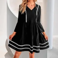 Casual Lace Dress Hooded Short Sleeve V-neck Pleated Skirt Polyester Fabric Han Style Ninth Sleeve Mid-Length Dress Dress main image 1