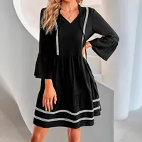 Casual Lace Dress Hooded Short Sleeve V-neck Pleated Skirt Polyester Fabric Han Style Ninth Sleeve Mid-Length Dress Dress main image 2