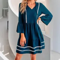 Casual Lace Dress Hooded Short Sleeve V-neck Pleated Skirt Polyester Fabric Han Style Ninth Sleeve Mid-Length Dress Dress main image 5