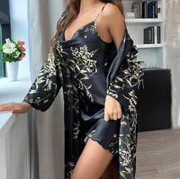 Women's Four Seasons Homewear Thin With Shoulder-Straps Nightgown Dress Two-Piece V-neck Long Sleeve Breathable Pajamas Outdoor Wear main image 2