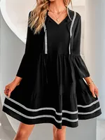 Casual Lace Dress Hooded Short Sleeve V-neck Pleated Skirt Polyester Fabric Han Style Ninth Sleeve Mid-Length Dress Dress sku image 5