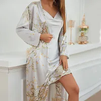 Women's Four Seasons Homewear Thin With Shoulder-Straps Nightgown Dress Two-Piece V-neck Long Sleeve Breathable Pajamas Outdoor Wear main image 3