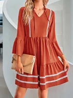 Casual Lace Dress Hooded Short Sleeve V-neck Pleated Skirt Polyester Fabric Han Style Ninth Sleeve Mid-Length Dress Dress sku image 8