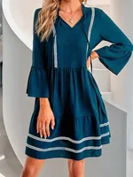 Casual Lace Dress Hooded Short Sleeve V-neck Pleated Skirt Polyester Fabric Han Style Ninth Sleeve Mid-Length Dress Dress sku image 13