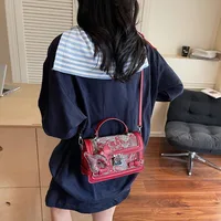 Elegant Twist Lock Shoulder Bag Fashion Casual Ladies Square Flower Pattern Artificial Leather Handbag Street Style Four Seasons Applicable sku image 1
