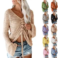 Summer Beach Style Women's Knitted Sweater Off-the-Shoulder Hollow-out Bell Sleeve Drawstring Loose Long Sleeve Top main image 1