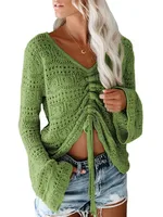 Summer Beach Style Women's Knitted Sweater Off-the-Shoulder Hollow-out Bell Sleeve Drawstring Loose Long Sleeve Top main image 2
