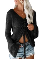 Summer Beach Style Women's Knitted Sweater Off-the-Shoulder Hollow-out Bell Sleeve Drawstring Loose Long Sleeve Top main image 3