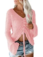 Summer Beach Style Women's Knitted Sweater Off-the-Shoulder Hollow-out Bell Sleeve Drawstring Loose Long Sleeve Top main image 4
