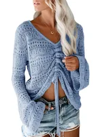 Summer Beach Style Women's Knitted Sweater Off-the-Shoulder Hollow-out Bell Sleeve Drawstring Loose Long Sleeve Top main image 5