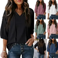 Spring And Summer Ladies' V-neck T-shirt Hollow Out Solid Color Sleeveless Floral Rope Pattern Loose Mid-Length Top main image 1