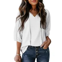 Spring And Summer Ladies' V-neck T-shirt Hollow Out Solid Color Sleeveless Floral Rope Pattern Loose Mid-Length Top main image 2