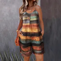 Casual Plus Size Women's Jumpsuit Printed Sleeveless Wide-Leg Pants  Style Loose Waist Five-Point Length Polyester main image 4