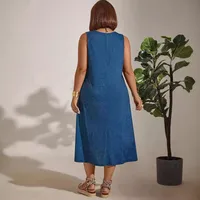 Elegant Commuter Style Plus Size Women's Dress Round Neck Pocket Sleeveless Solid Color Ankle-Length Polyester Umbrella Skirt main image 2