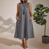 Elegant Commuter Style Plus Size Women's Dress Round Neck Pocket Sleeveless Solid Color Ankle-Length Polyester Umbrella Skirt main image 3