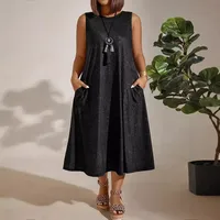 Elegant Commuter Style Plus Size Women's Dress Round Neck Pocket Sleeveless Solid Color Ankle-Length Polyester Umbrella Skirt main image 4