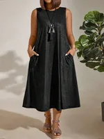 Elegant Commuter Style Plus Size Women's Dress Round Neck Pocket Sleeveless Solid Color Ankle-Length Polyester Umbrella Skirt sku image 12