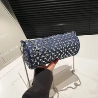 Casual Denim Color Block Shoulder Bag Women's Crossbody Handbag Fashion Studs Chain Strap Street Style Pure Color Handbag sku image 1