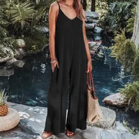 Summer  Women's One-Piece Suit Backless Solid Color Sexy European Trousers Casual Loose Cotton Fabric main image 3
