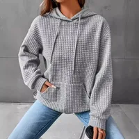 Women's Long Sleeve Solid Color Hoodie Autumn And Winter European Style Fashion Casual Set Small Plaid Pattern With Pockets main image 2