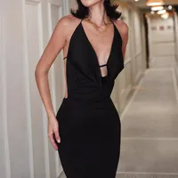 Elegant Black Deep V-neck Backless Dress Sexy Women Clothing Fashion Commuter Urban Style Ankle-Length Skirt main image 1
