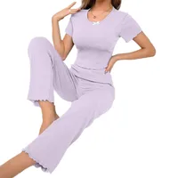 New Women's Pajamas Long Sleeve And Short Sleeve Two-Piece Polyester Rib Fabric V-neck Casual Elastic Pajamas Suitable For Home And Outdoor main image 5