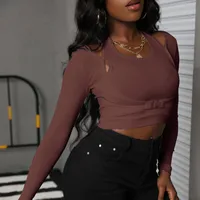 Casual Long-Sleeved Round Neck Knitted Top Short Slim-Fit Belly-Exposed Bottoming Shirt Autumn Winter Cotton Polyester Blend main image 1