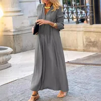 Casual Long Sleeve Solid Color Shirt Dress V-neck High Waist Ankle Length  Style New  Big Swing Skirt Dress main image 2