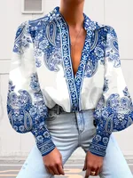 Casual Fashion Women's Long-Sleeved Blouse Collar Printed Top Versatile Spring And Autumn New  Style Polyester Fabric sku image 7