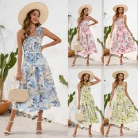 Flower Printing Slip Dress Summer Smocking Dress Leisure Vacation Travel Dress main image 1