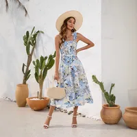 Flower Printing Slip Dress Summer Smocking Dress Leisure Vacation Travel Dress main image 2