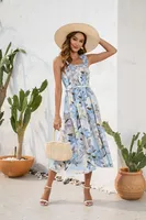 Flower Printing Slip Dress Summer Smocking Dress Leisure Vacation Travel Dress sku image 1