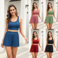 Summer Hot Sale New Thread Knitted Sunken Stripe Fashion Camisole Shorts Two-Piece Casual Suit main image 1