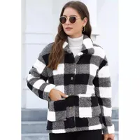 Style Women Plaid Plush Coat Patch Pocket Versatile Long Sleeve Winter Fashion Casual Jacket main image 1