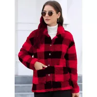 Style Women Plaid Plush Coat Patch Pocket Versatile Long Sleeve Winter Fashion Casual Jacket main image 2