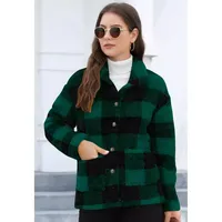 Style Women Plaid Plush Coat Patch Pocket Versatile Long Sleeve Winter Fashion Casual Jacket main image 3