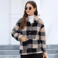 Style Women Plaid Plush Coat Patch Pocket Versatile Long Sleeve Winter Fashion Casual Jacket main image 4