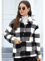 Style Women Plaid Plush Coat Patch Pocket Versatile Long Sleeve Winter Fashion Casual Jacket sku image 20