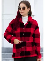 Style Women Plaid Plush Coat Patch Pocket Versatile Long Sleeve Winter Fashion Casual Jacket sku image 10