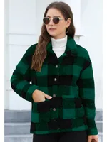 Style Women Plaid Plush Coat Patch Pocket Versatile Long Sleeve Winter Fashion Casual Jacket sku image 12