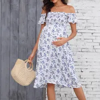 Maternity Clothes New Floral-Print Off-Shoulder Long Dress sku image 4