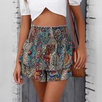 Summer New Ethnic Print High Waist Smocking Wide Leg Shorts sku image 3