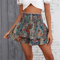 Summer New Ethnic Print High Waist Smocking Wide Leg Shorts main image 4