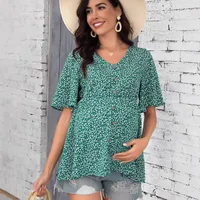 Summer New Small Floral Print V-neck Ruffle Maternity Top main image 2