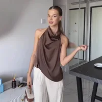 Women's Clothing Ins Internet Hot Silk Satin Texture Graceful And Fashionable Hanging Collar Top main image 1