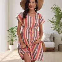 New V-neck Short Sleeve Loose Casual Striped 3D Printing Waist Belt Pregnant Women Dress main image 3