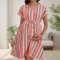 New V-neck Short Sleeve Loose Casual Striped 3D Printing Waist Belt Pregnant Women Dress main image 4