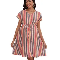 New V-neck Short Sleeve Loose Casual Striped 3D Printing Waist Belt Pregnant Women Dress main image 5
